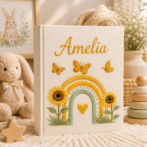 Custom Hand Embroidered Baby Photo Album, Embroidered Floral Rainbow Memory Book, Custom Newborn Keepsake Album, Baby Shower Gift