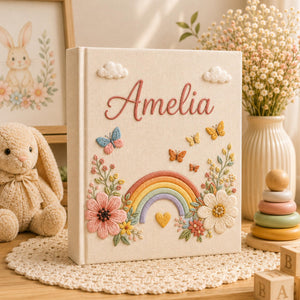 Custom Hand Embroidered Baby Photo Album, Embroidered Floral Rainbow Memory Book, Custom Newborn Keepsake Album, Baby Shower Gift