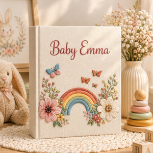 Custom Hand Embroidered Baby Photo Album, Embroidered Floral Rainbow Memory Book, Custom Newborn Keepsake Album, Baby Shower Gift