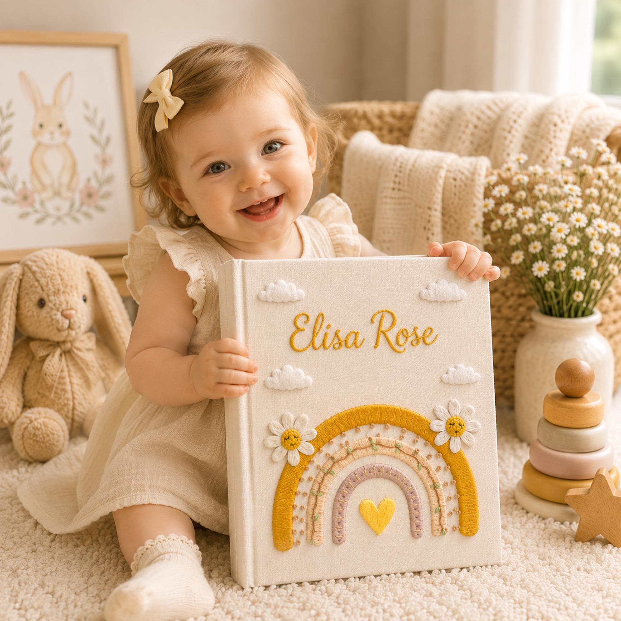 Custom Hand Embroidered Baby Photo Album, Embroidered Floral Rainbow Memory Book, Custom Newborn Keepsake Album, Baby Shower Gift