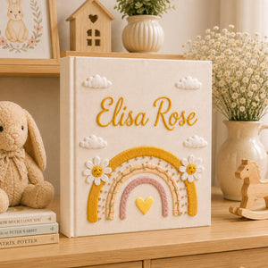 Custom Hand Embroidered Baby Photo Album, Embroidered Floral Rainbow Memory Book, Custom Newborn Keepsake Album, Baby Shower Gift