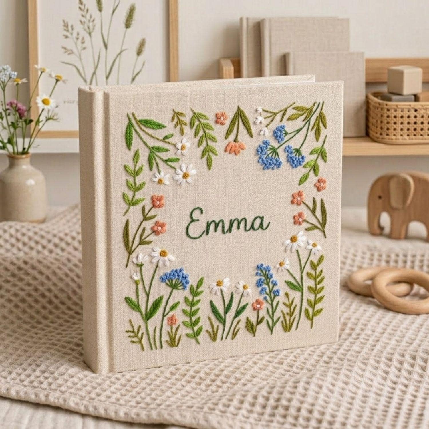 Custom Hand Embroidered Baby Photo Album, Personalized Woodland Baby Memory Book, Floral Nursery Keepsake, Baby Shower Gift