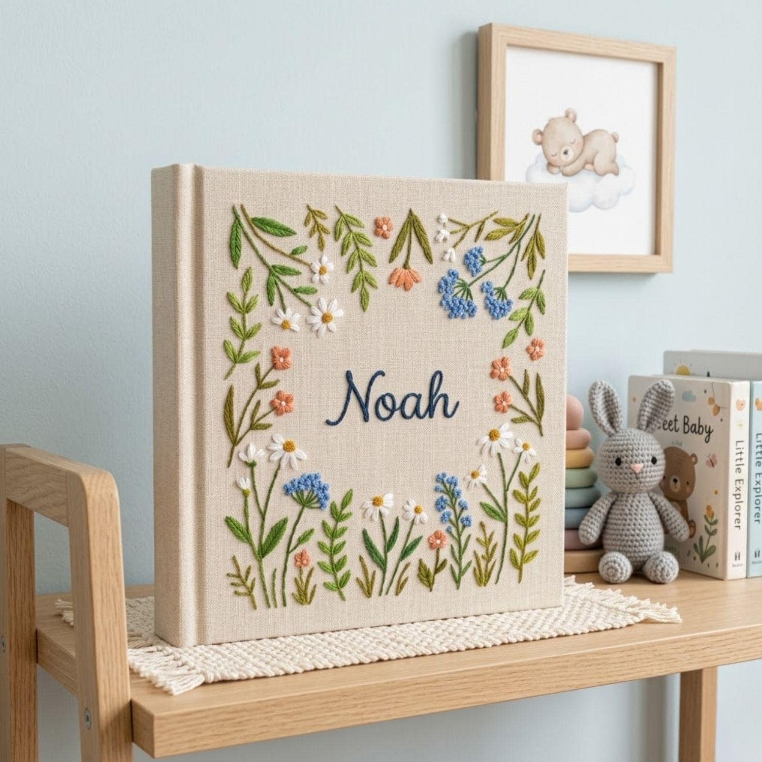 Custom Hand Embroidered Baby Photo Album, Personalized Woodland Baby Memory Book, Floral Nursery Keepsake, Baby Shower Gift