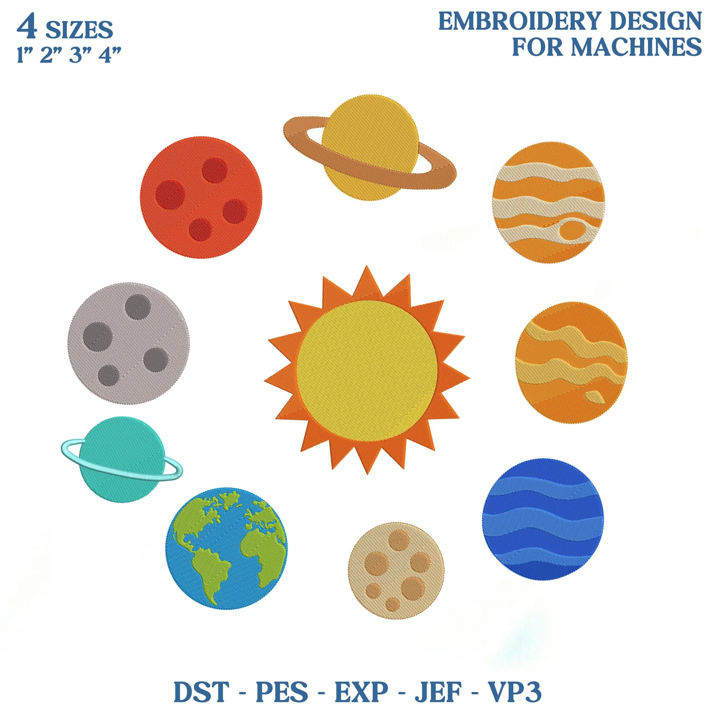 Solar System Embroidery Design Bundle, Space Planet Embroidery File, Sun Moon Earth Machine Embroidery Designs, Instant Download