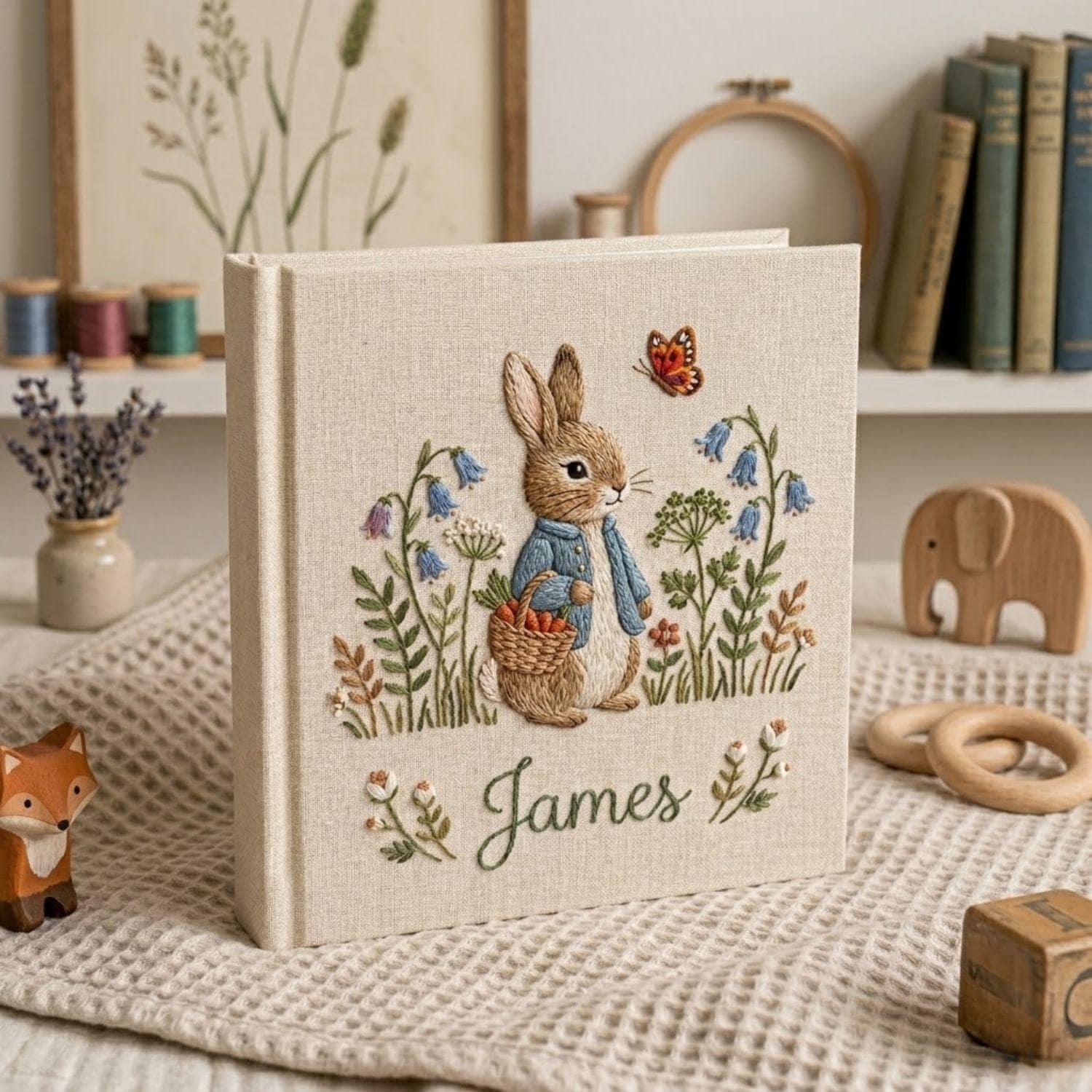 Bunny Hand Embroidered Baby Photo Album, Personalized Baby Memory Book, Custom Name Keepsake, Floral Nursery Gift