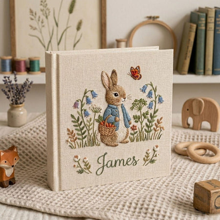 Bunny Hand Embroidered Baby Photo Album, Personalized Baby Memory Book, Custom Name Keepsake, Floral Nursery Gift