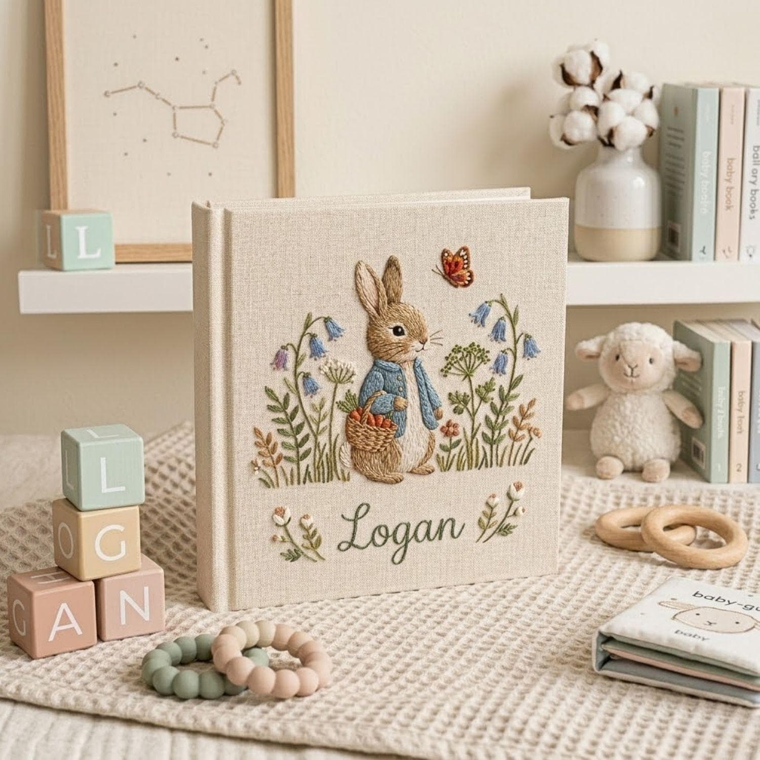 Bunny Hand Embroidered Baby Photo Album, Personalized Baby Memory Book, Custom Name Keepsake, Floral Nursery Gift