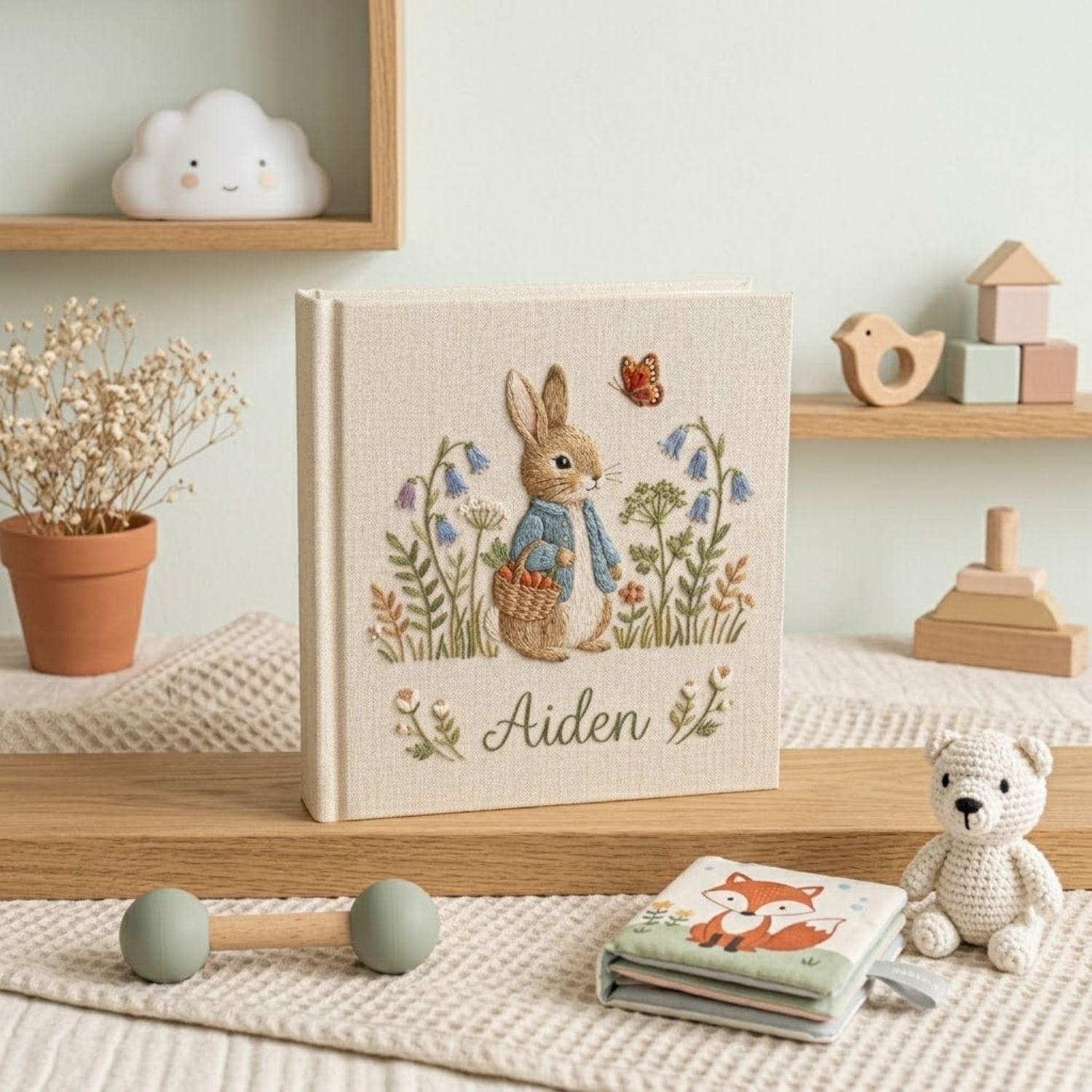 Bunny Hand Embroidered Baby Photo Album, Personalized Baby Memory Book, Custom Name Keepsake, Floral Nursery Gift