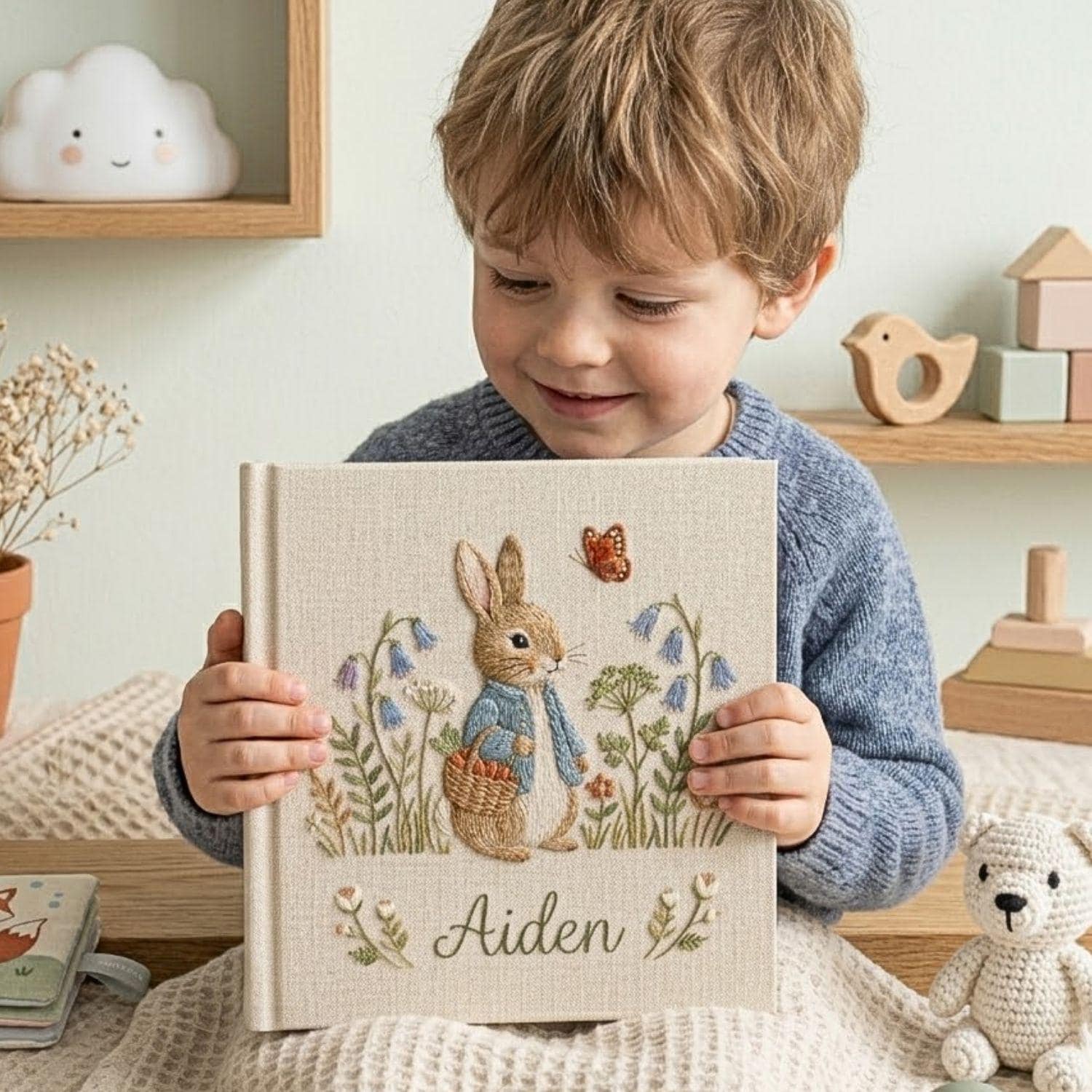Bunny Hand Embroidered Baby Photo Album, Personalized Baby Memory Book, Custom Name Keepsake, Floral Nursery Gift