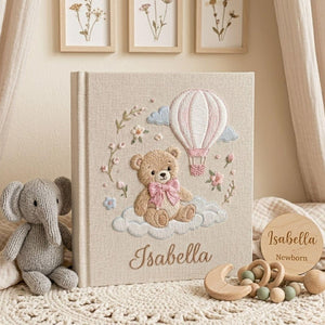 Teddy Bear Hand Embroidered Baby Photo Album, Personalized Baby Memory Book, Hot Air Balloon Nursery Keepsake Gift
