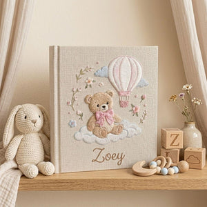 Teddy Bear Hand Embroidered Baby Photo Album, Personalized Baby Memory Book, Hot Air Balloon Nursery Keepsake Gift