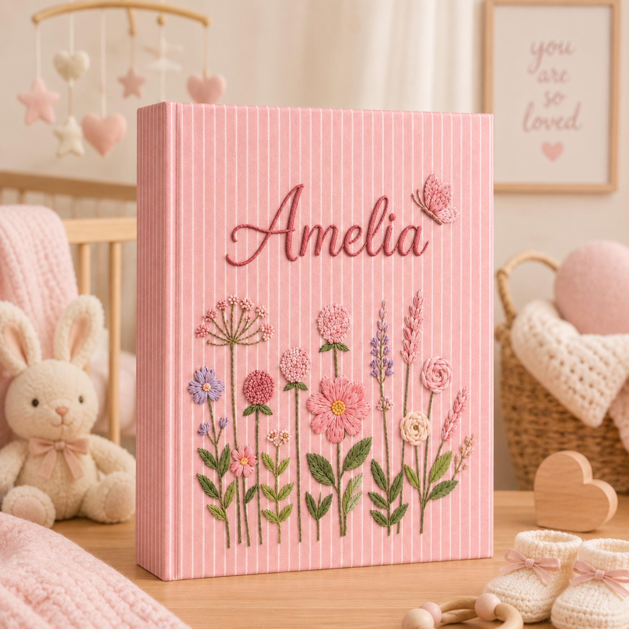 Personalized Hand Embroidered Baby Photo Album, Floral Butterfly Baby Scrapbook, Newborn Keepsake Album, Baby Shower Book Gift