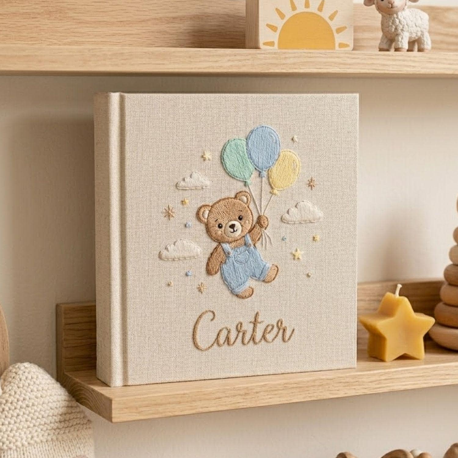 Personalized Teddy Bear Baby Photo Album, Hand Embroidered Baby Memory Book, Custom Baby Shower Gift With Name