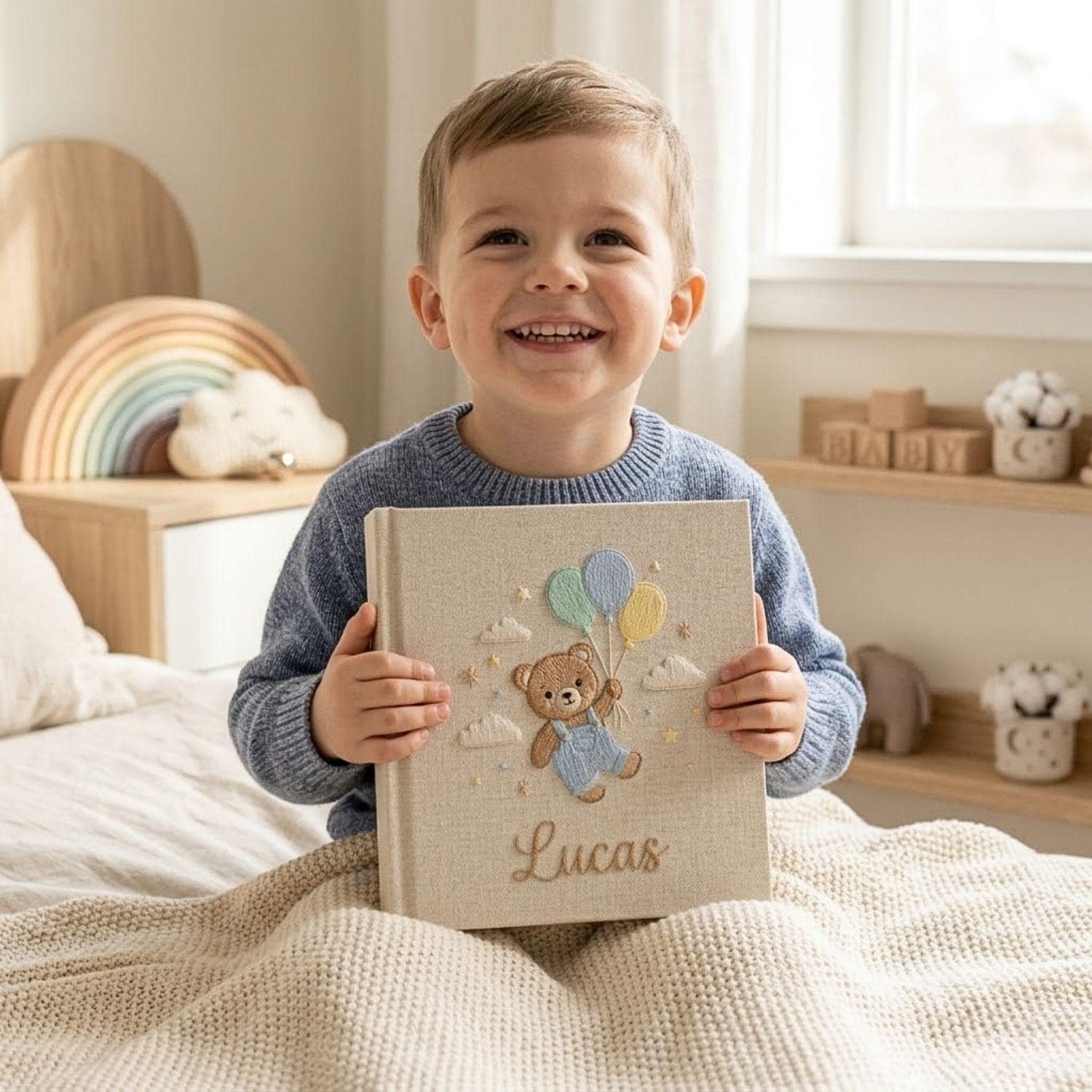 Personalized Teddy Bear Baby Photo Album, Hand Embroidered Baby Memory Book, Custom Baby Shower Gift With Name