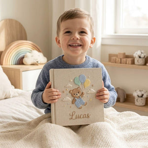 Personalized Teddy Bear Baby Photo Album, Hand Embroidered Baby Memory Book, Custom Baby Shower Gift With Name
