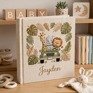 Safari Jungle Baby Photo Album, Personalized Hand Embroidered Baby Memory Book, Custom Baby Shower Keepsake Gift