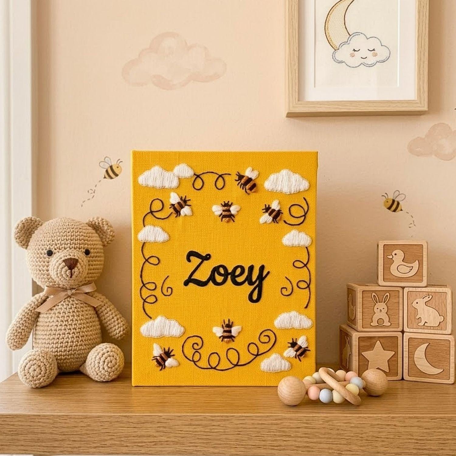 Bee Baby Photo Album, Personalized Hand Embroidered Baby Memory Book, Custom Nursery Keepsake Gift With Name