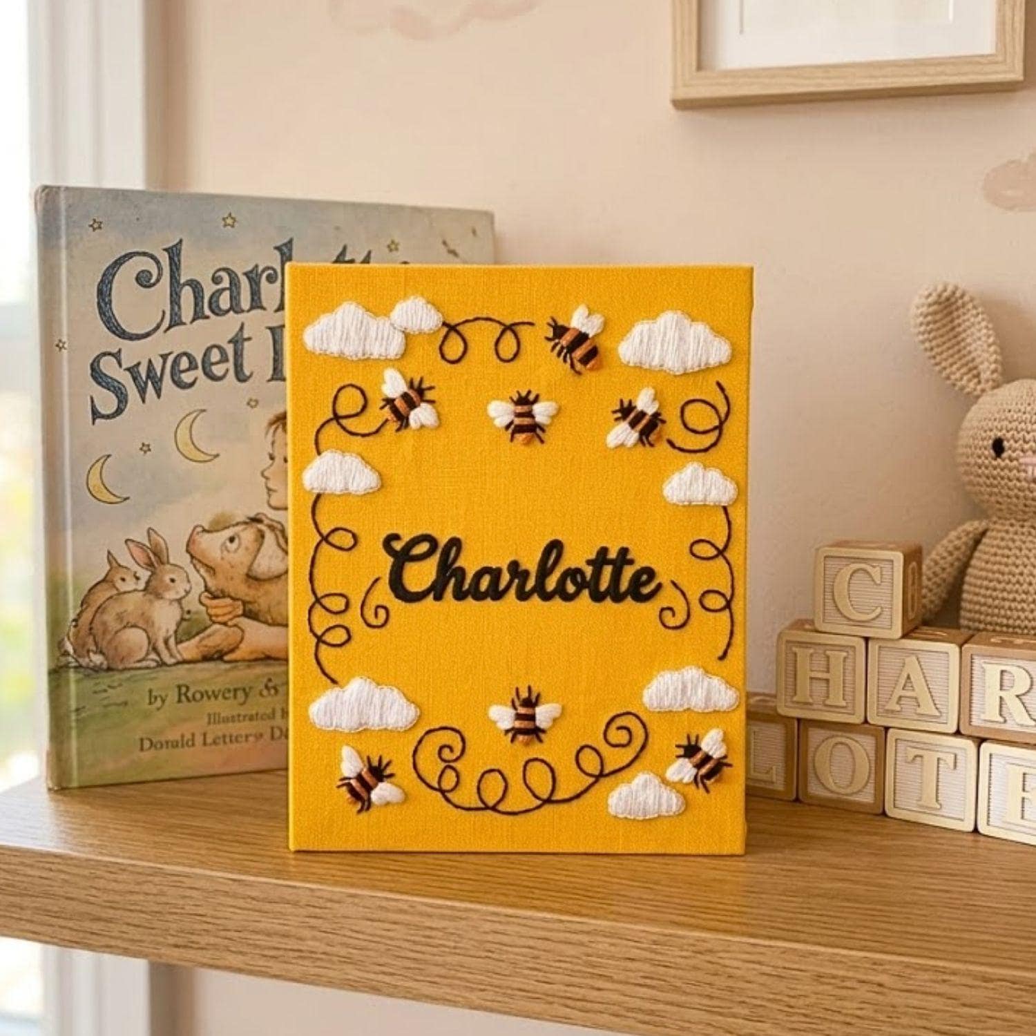 Bee Baby Photo Album, Personalized Hand Embroidered Baby Memory Book, Custom Nursery Keepsake Gift With Name
