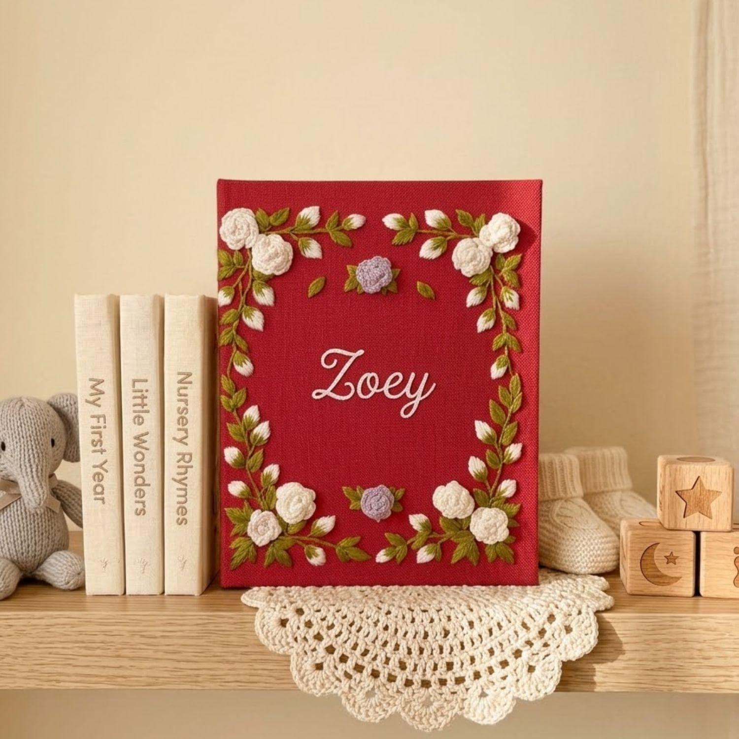 Floral Baby Photo Album, Personalized Hand Embroidered Baby Memory Book, Custom Nursery Keepsake Gift With Name