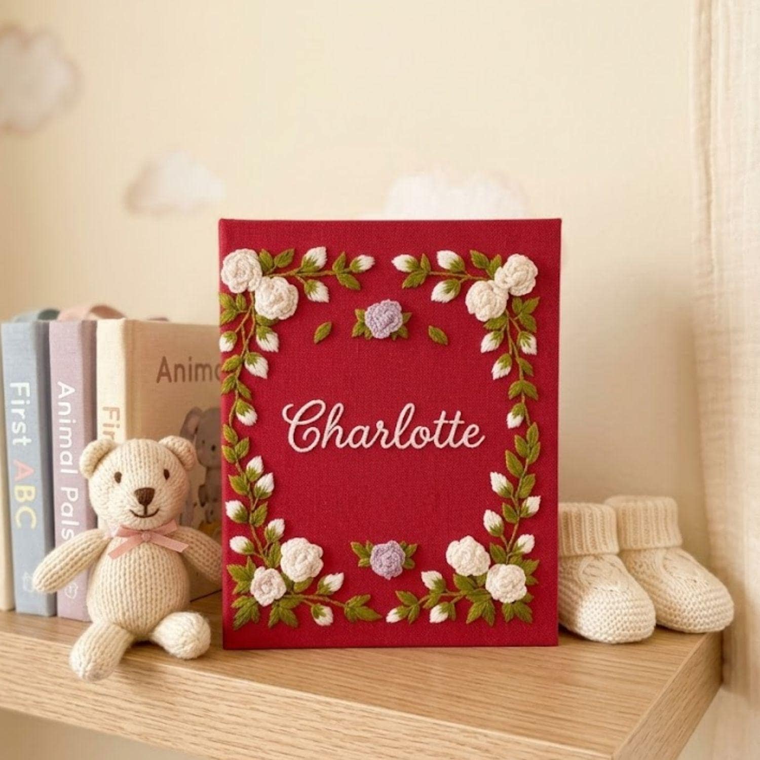 Floral Baby Photo Album, Personalized Hand Embroidered Baby Memory Book, Custom Nursery Keepsake Gift With Name