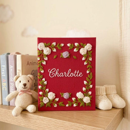 Floral Baby Photo Album, Personalized Hand Embroidered Baby Memory Book, Custom Nursery Keepsake Gift With Name