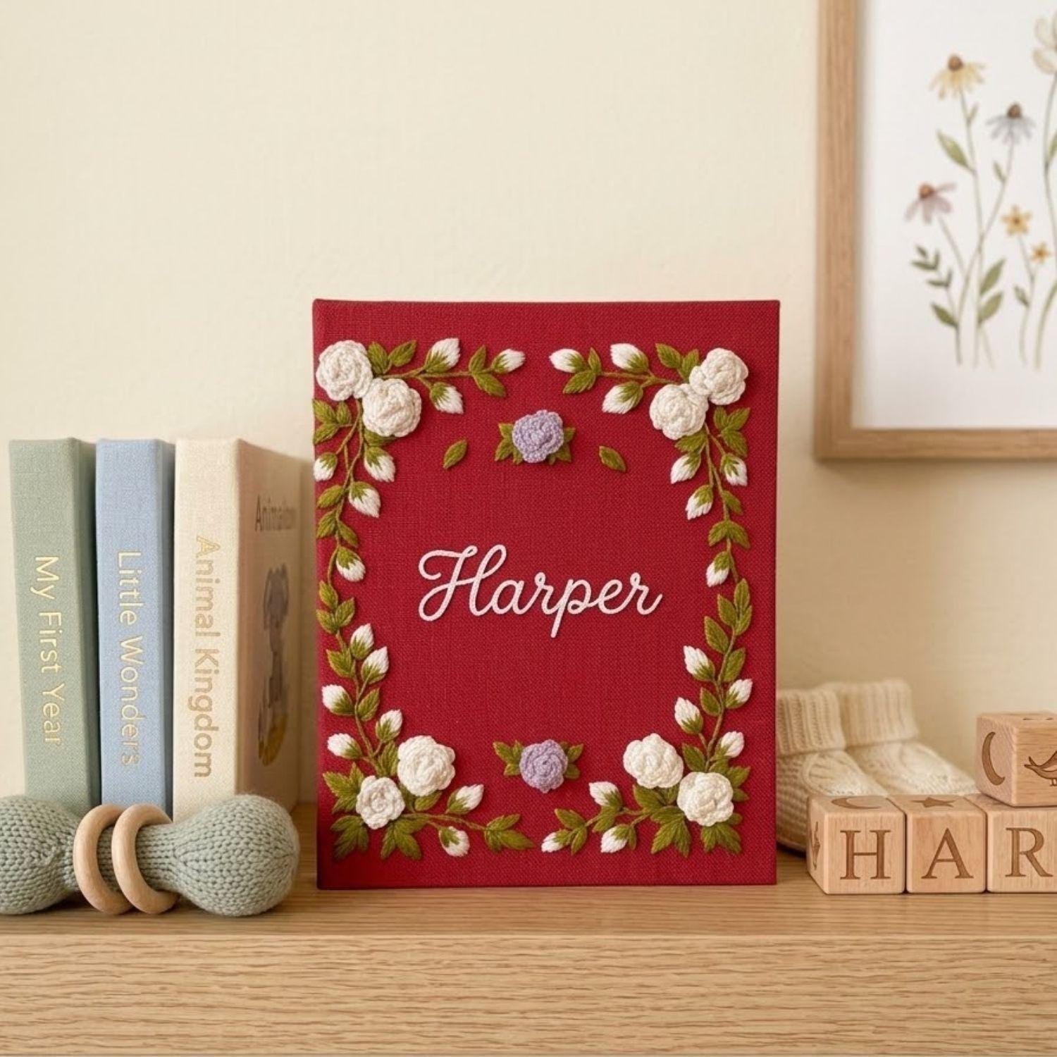 Floral Baby Photo Album, Personalized Hand Embroidered Baby Memory Book, Custom Nursery Keepsake Gift With Name