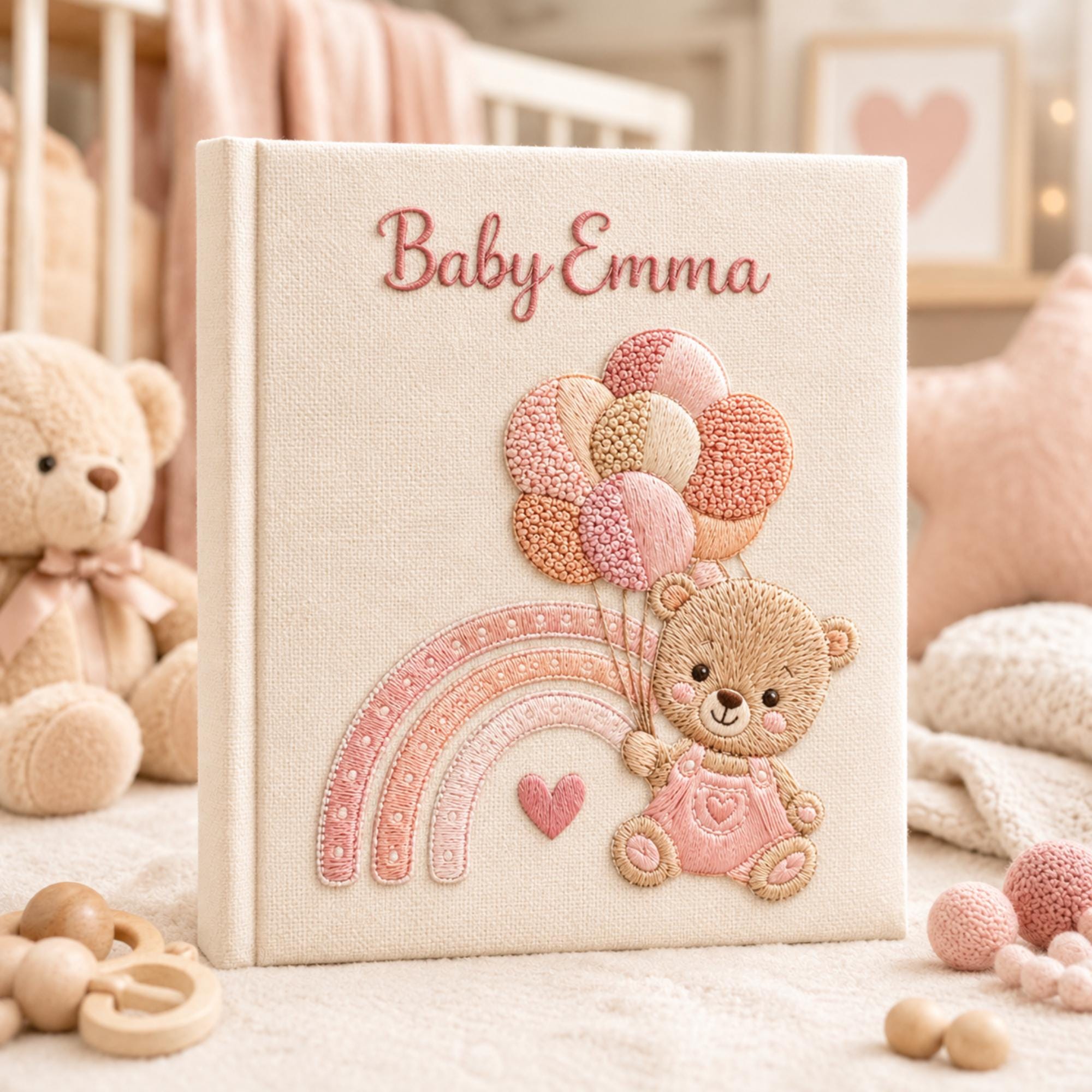 Custom Hand Embroidered Baby Photo Album, Teddy Bear Hot Air Balloon Linen Keepsake Memory  Book, Baby Shower Gift, Girl Nursery Album
