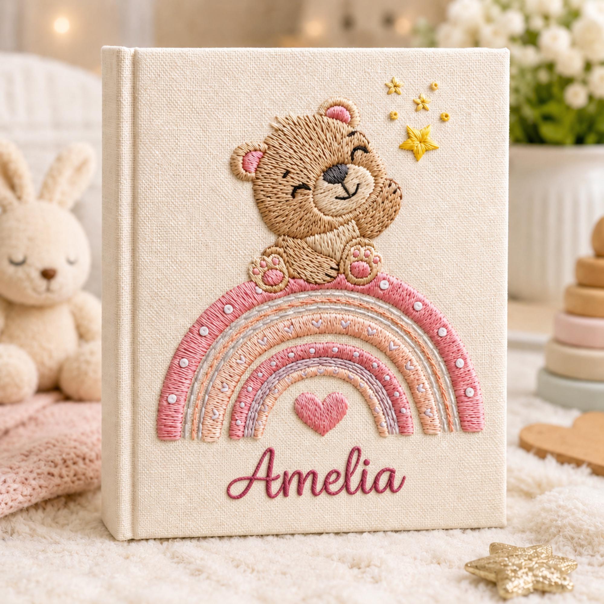 Custom Hand Embroidered Baby Photo Album, Teddy Bear Hot Air Balloon Linen Keepsake Memory  Book, Baby Shower Gift, Girl Nursery Album