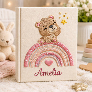 Custom Hand Embroidered Baby Photo Album, Teddy Bear Hot Air Balloon Linen Keepsake Memory  Book, Baby Shower Gift, Girl Nursery Album