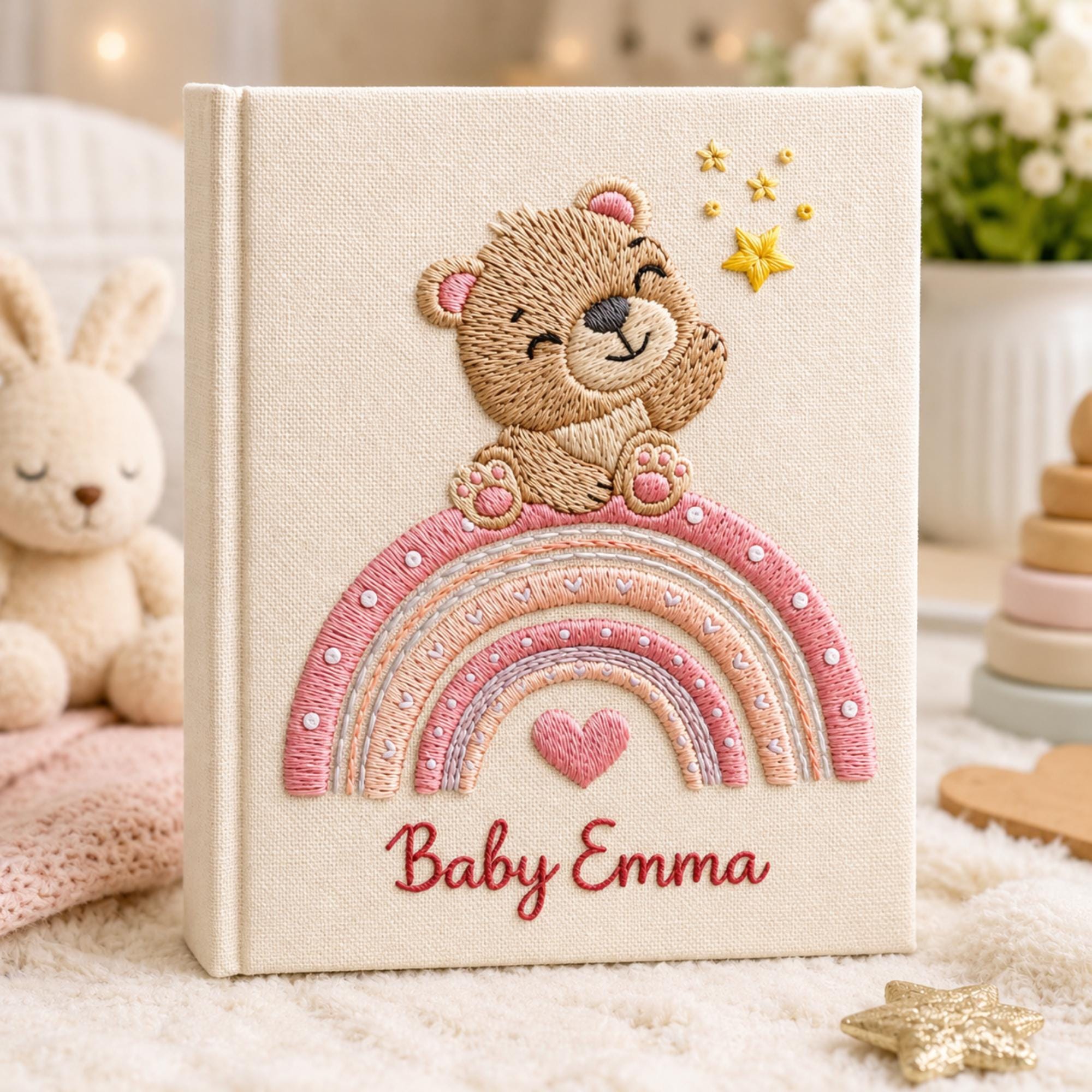 Custom Hand Embroidered Baby Photo Album, Teddy Bear Hot Air Balloon Linen Keepsake Memory  Book, Baby Shower Gift, Girl Nursery Album