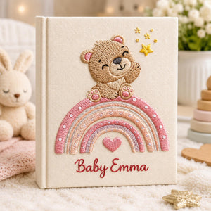 Custom Hand Embroidered Baby Photo Album, Teddy Bear Hot Air Balloon Linen Keepsake Memory  Book, Baby Shower Gift, Girl Nursery Album