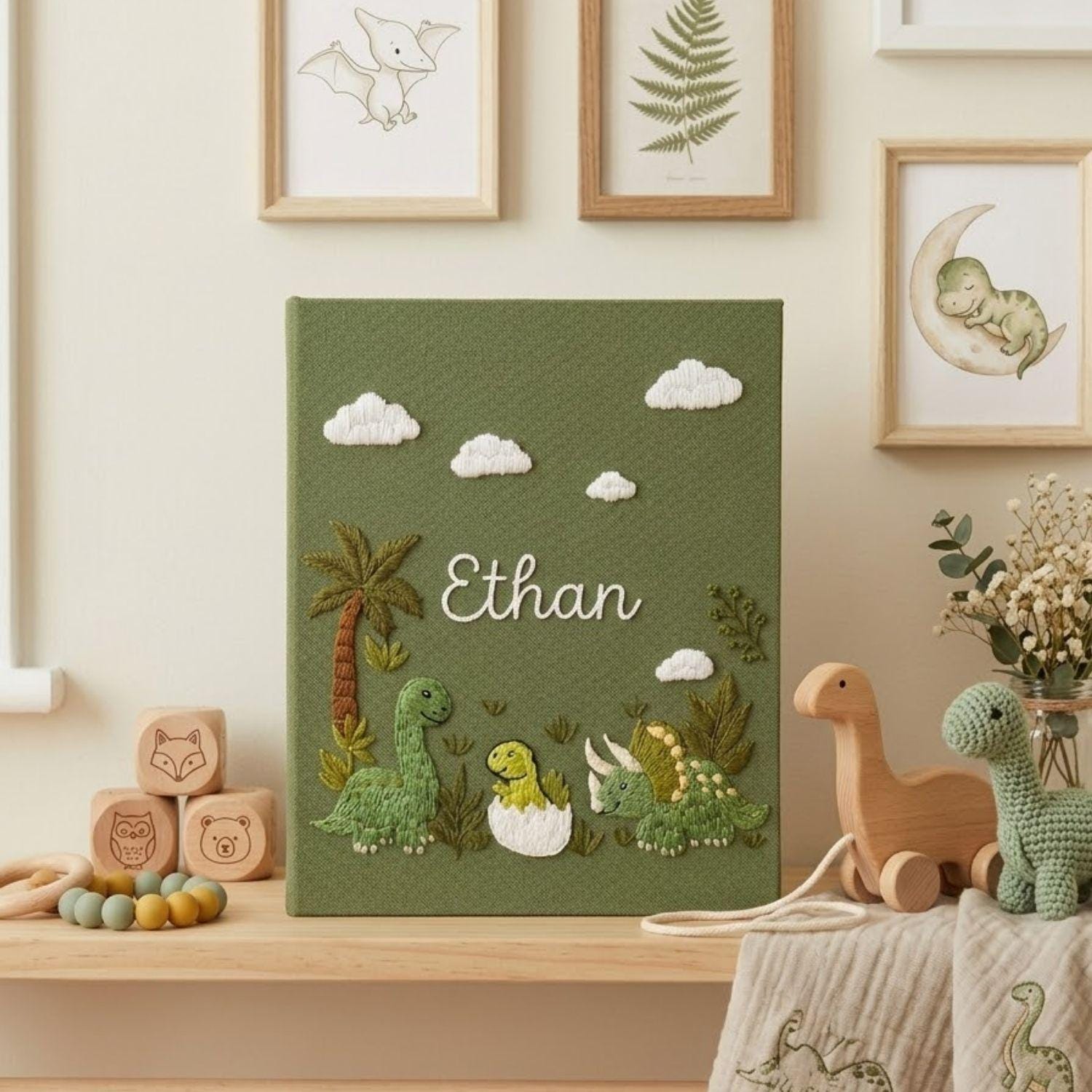 Dinosaur Baby Photo Album, Personalized Hand Embroidered Baby Memory Book, Custom Dino Nursery Keepsake Gift