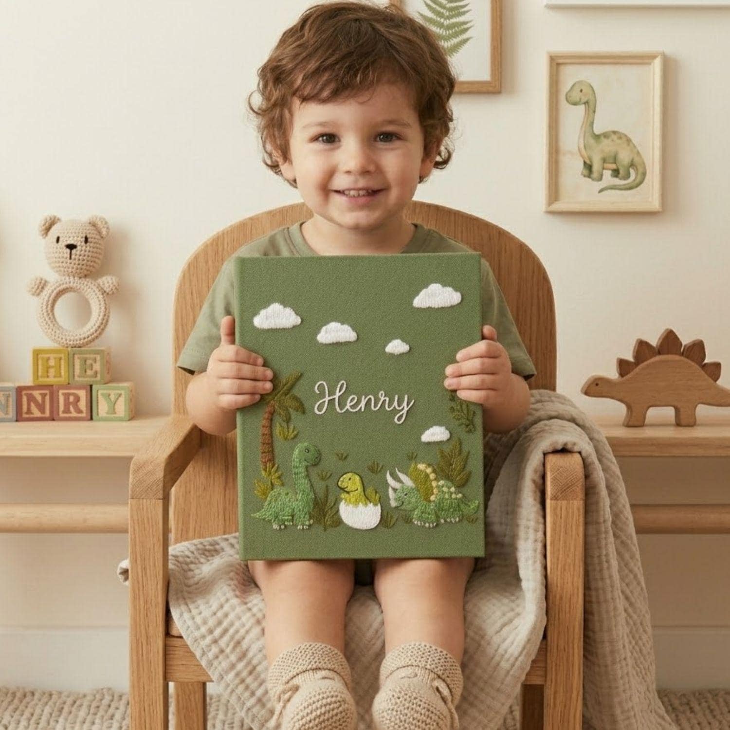 Dinosaur Baby Photo Album, Personalized Hand Embroidered Baby Memory Book, Custom Dino Nursery Keepsake Gift