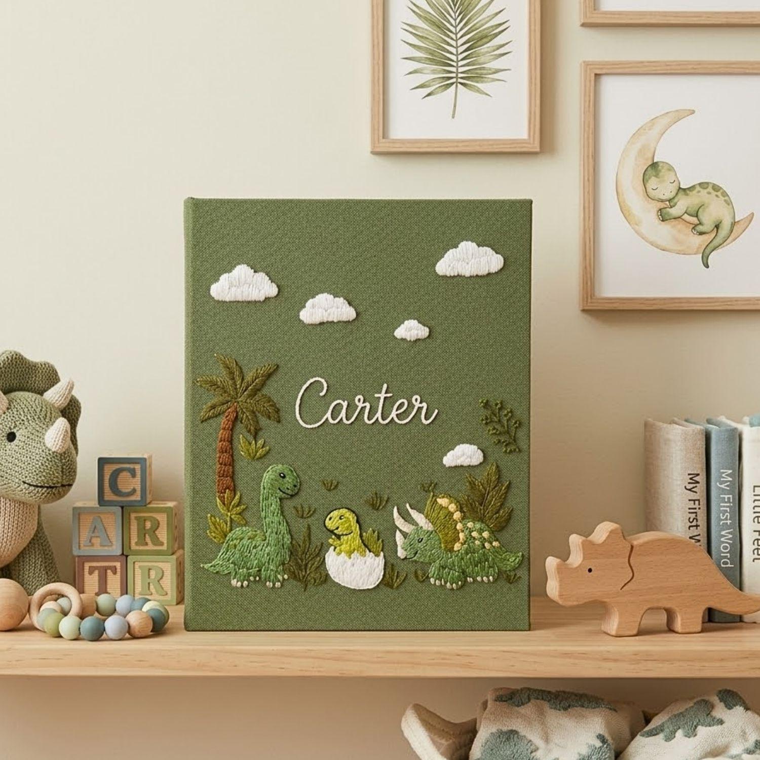 Dinosaur Baby Photo Album, Personalized Hand Embroidered Baby Memory Book, Custom Dino Nursery Keepsake Gift