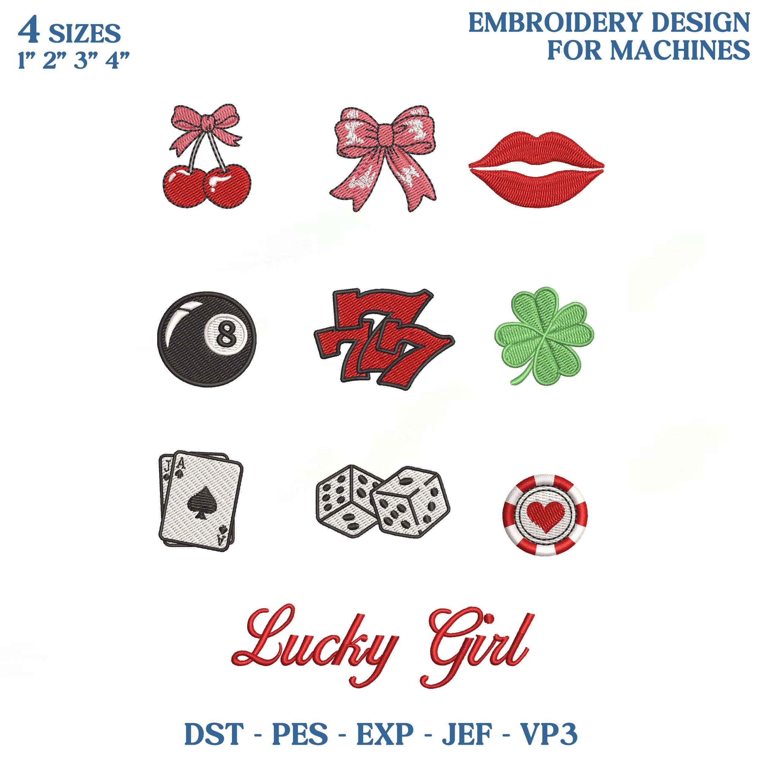 Lucky Girl Embroidery Design Bundle, Lucky Charm Machine Embroidery File, Casino Dice Cards Cherry Bow Icons, Instant Download