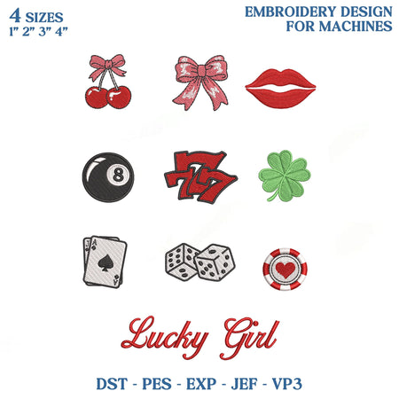Lucky Girl Embroidery Design Bundle, Lucky Charm Machine Embroidery File, Casino Dice Cards Cherry Bow Icons, Instant Download