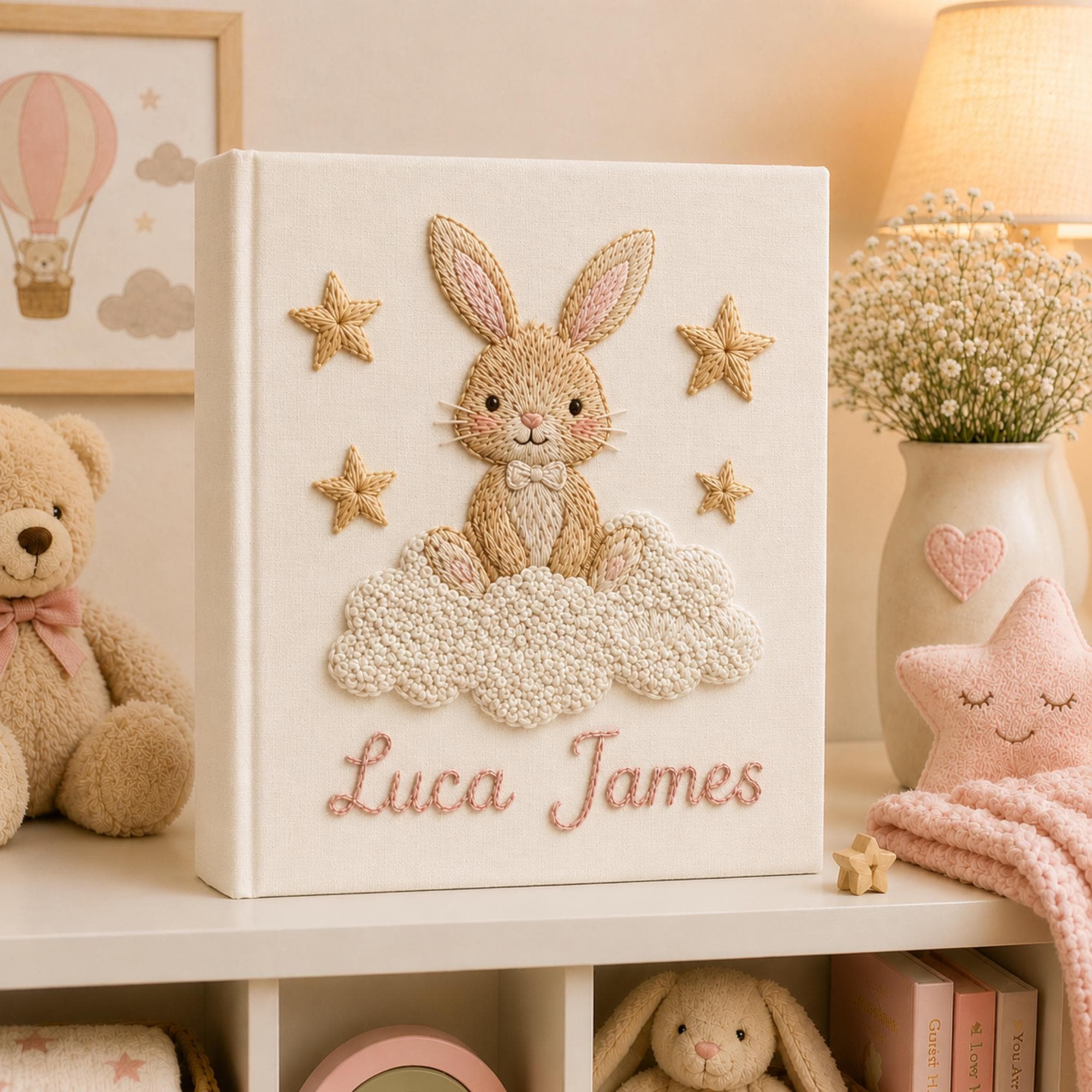 Custom Hand Embroidered Baby Photo Album, Personalized Bunny Keepsake Book, Hot Air Balloon Baby Girl Memory Album, Newborn Gift