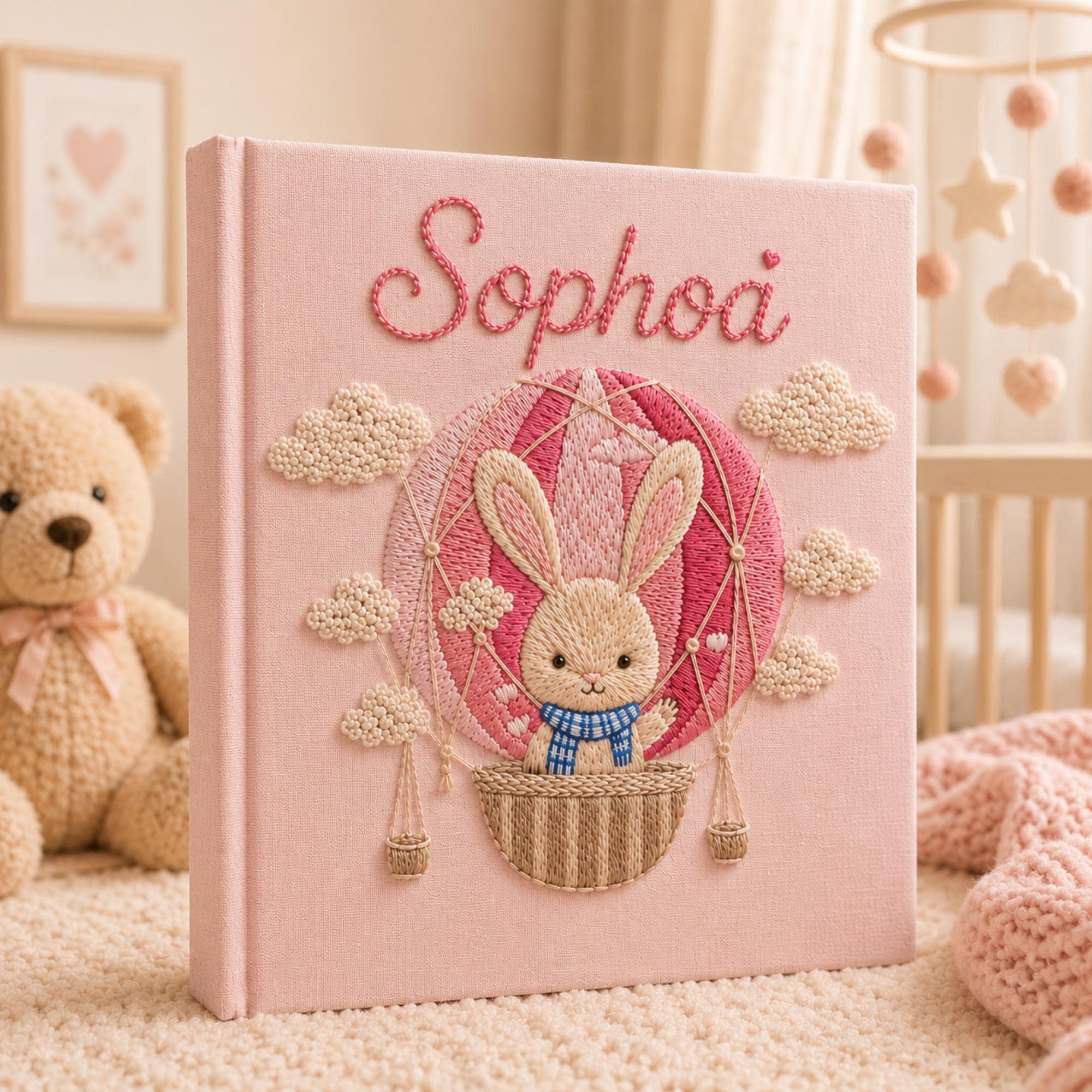 Custom Hand Embroidered Baby Photo Album, Personalized Bunny Keepsake Book, Hot Air Balloon Baby Girl Memory Album, Newborn Gift