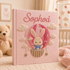 Custom Hand Embroidered Baby Photo Album, Personalized Bunny Keepsake Book, Hot Air Balloon Baby Girl Memory Album, Newborn Gift