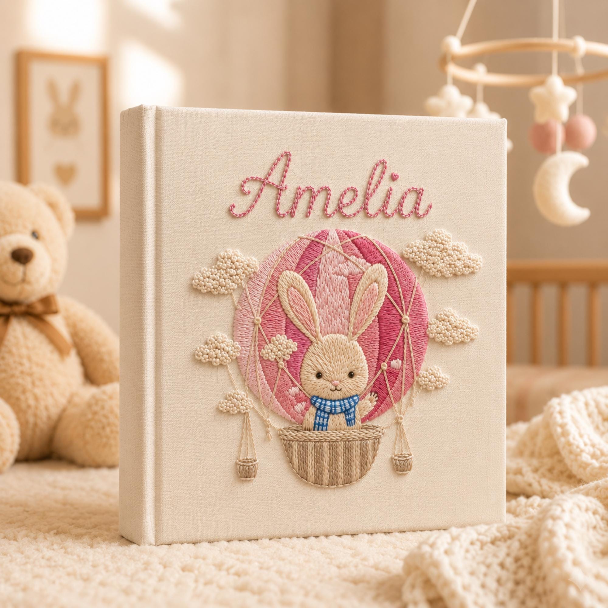Custom Hand Embroidered Baby Photo Album, Personalized Bunny Keepsake Book, Hot Air Balloon Baby Girl Memory Album, Newborn Gift