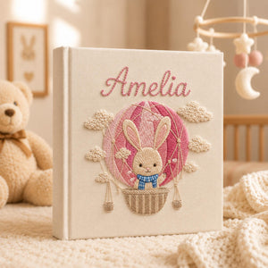 Custom Hand Embroidered Baby Photo Album, Personalized Bunny Keepsake Book, Hot Air Balloon Baby Girl Memory Album, Newborn Gift