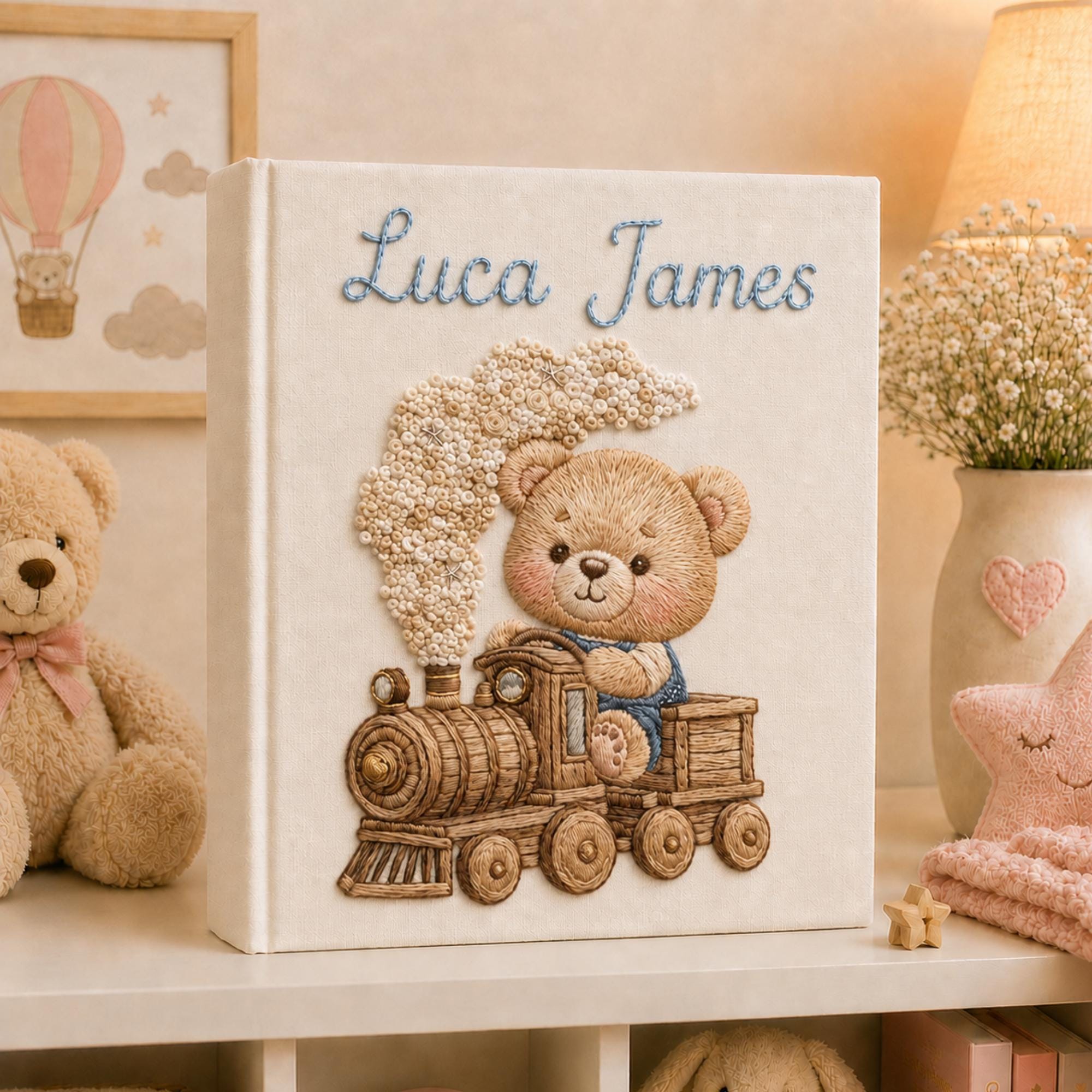 Embroidered Little Train Linen Baby Photo Album , Custom Airplane and Train Baby Memory Book, Baby Shower Gift, Baby Boy Keepsake Album