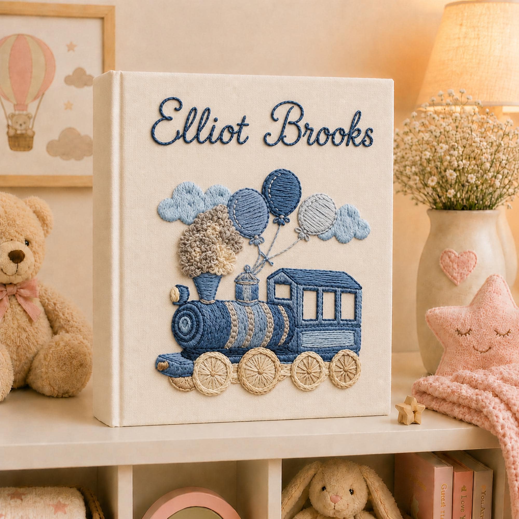 Personalized Embroidered Teddy Bear Train Baby Photo Album, Custom Baby Memory Book, Newborn Keepsake Album Gift, Baby Shower Gift