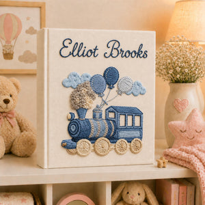 Personalized Embroidered Teddy Bear Train Baby Photo Album, Custom Baby Memory Book, Newborn Keepsake Album Gift, Baby Shower Gift
