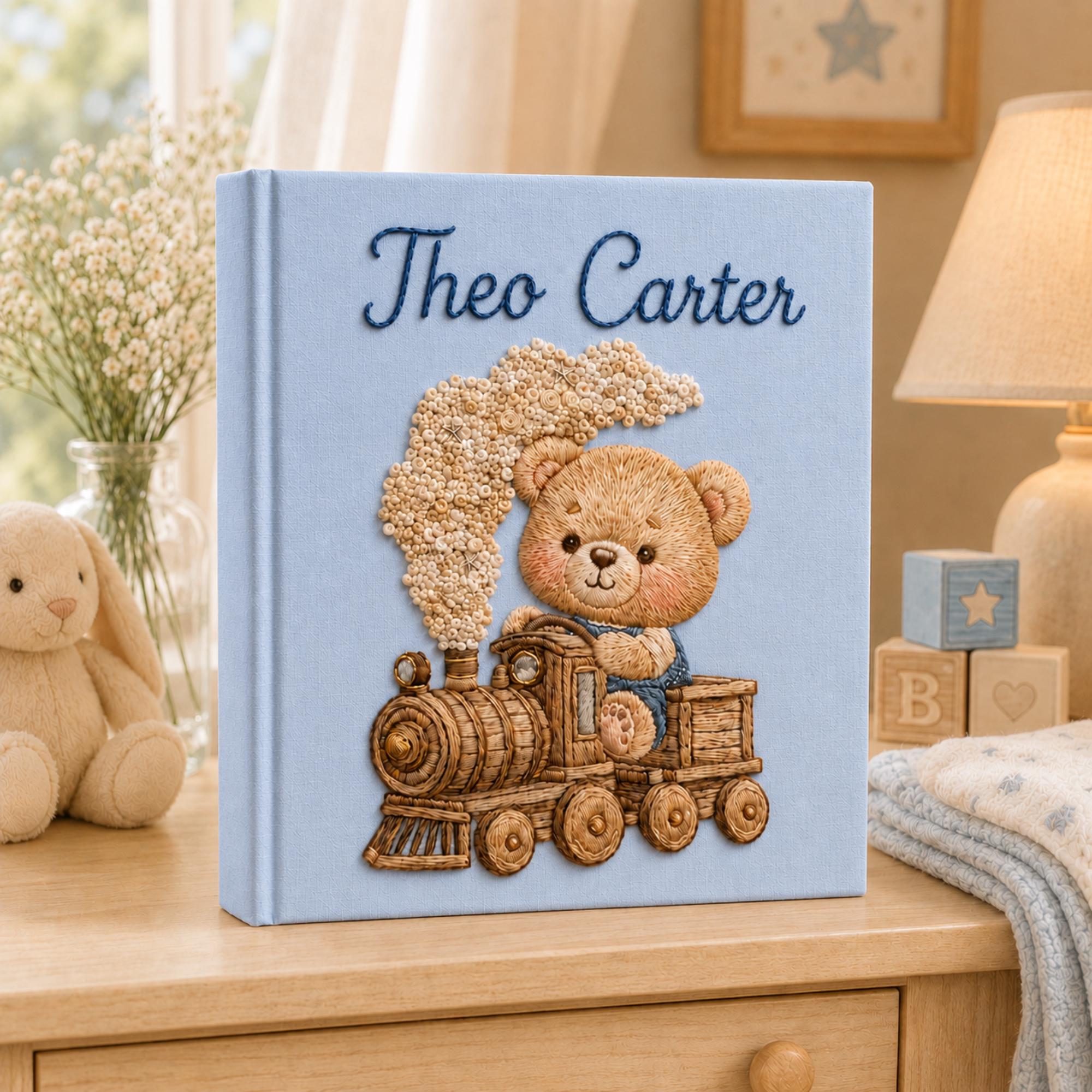 Embroidered Little Train Linen Baby Photo Album , Custom Airplane and Train Baby Memory Book, Baby Shower Gift, Baby Boy Keepsake Album