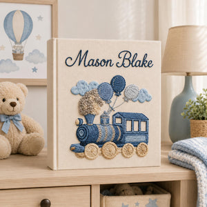 Personalized Embroidered Teddy Bear Train Baby Photo Album, Custom Baby Memory Book, Newborn Keepsake Album Gift, Baby Shower Gift