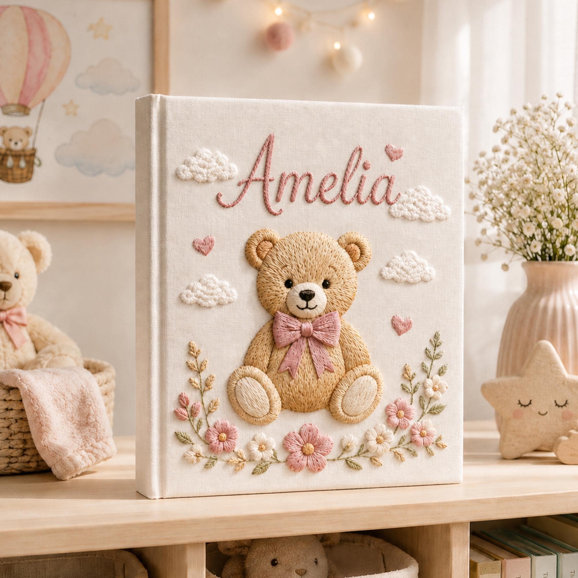 Personalized Embroidered Teddy Bear Initial Baby Photo Album, Custom Hand Embroidered Linen Memory Book, Baby Keepsake Album, Newborn Gift