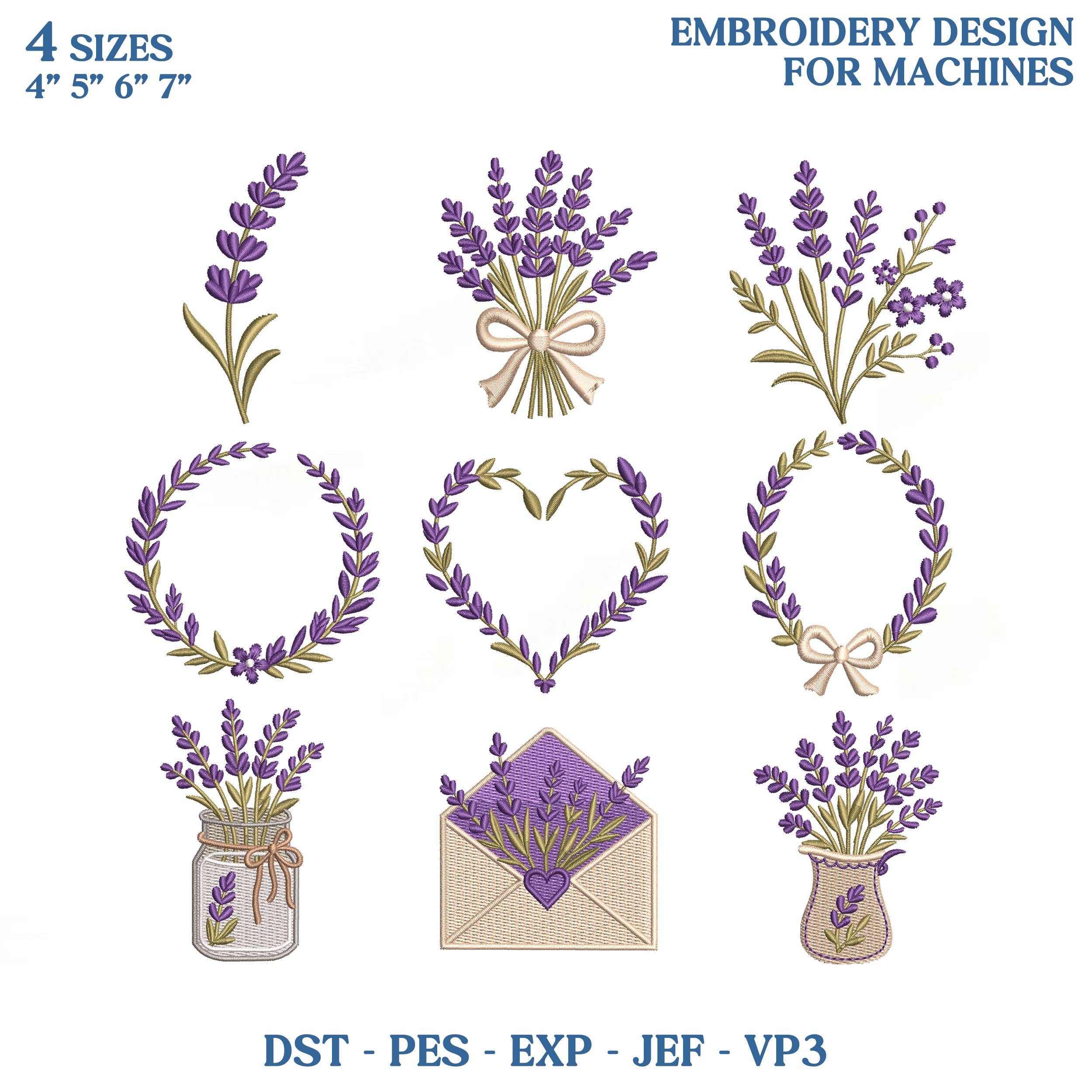 Floral Lavender Machine Embroidery File, Lavender Embroidery Design Bundle, Wreath Bouquet Monogram Frame, Cottagecore Instant Download