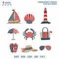 4th Of July Coastal Machine Embroidery File, Patriotic Beach Embroidery Design Bundle, Crab Sailboat Seashell Icons Download