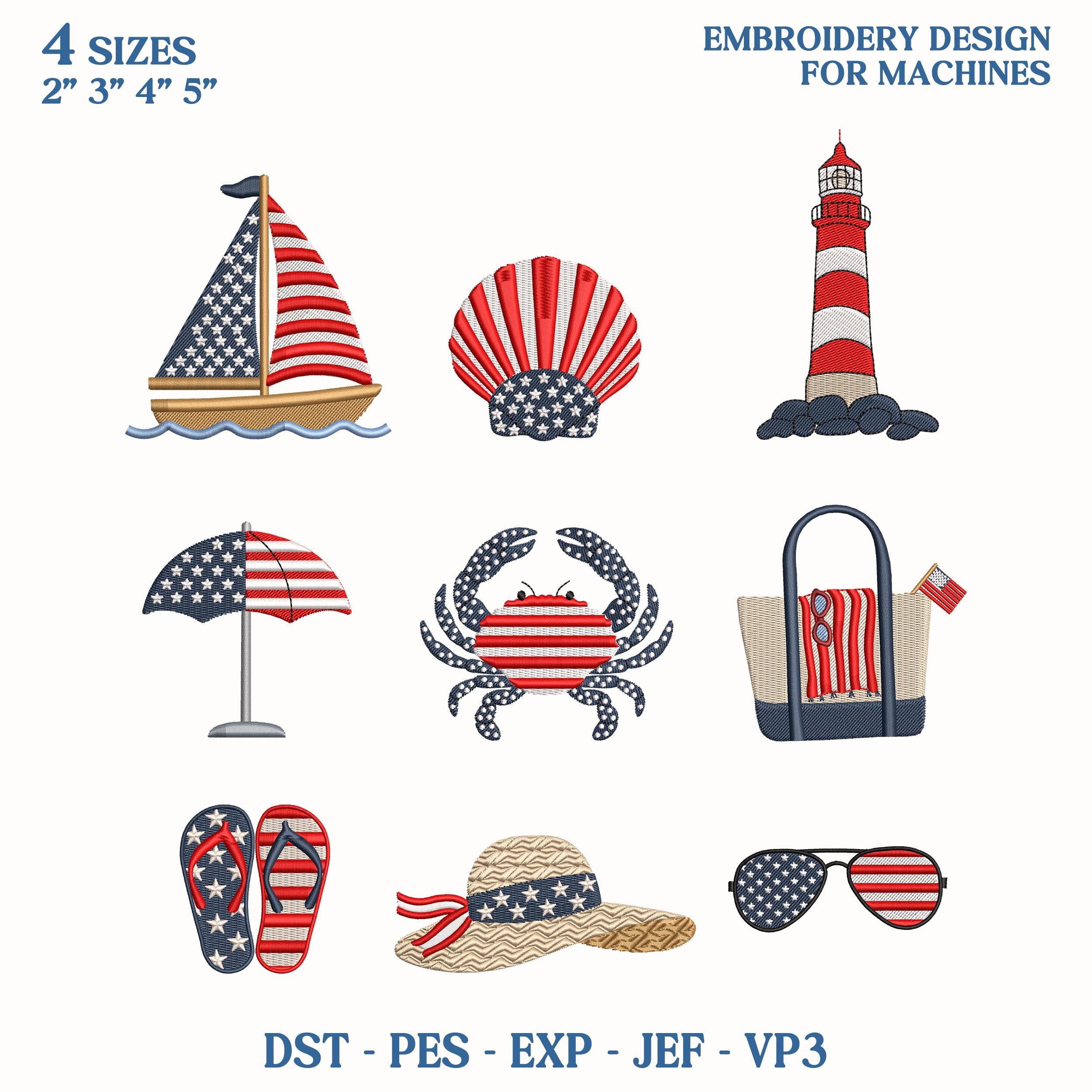 4th Of July Coastal Machine Embroidery File, Patriotic Beach Embroidery Design Bundle, Crab Sailboat Seashell Icons Download